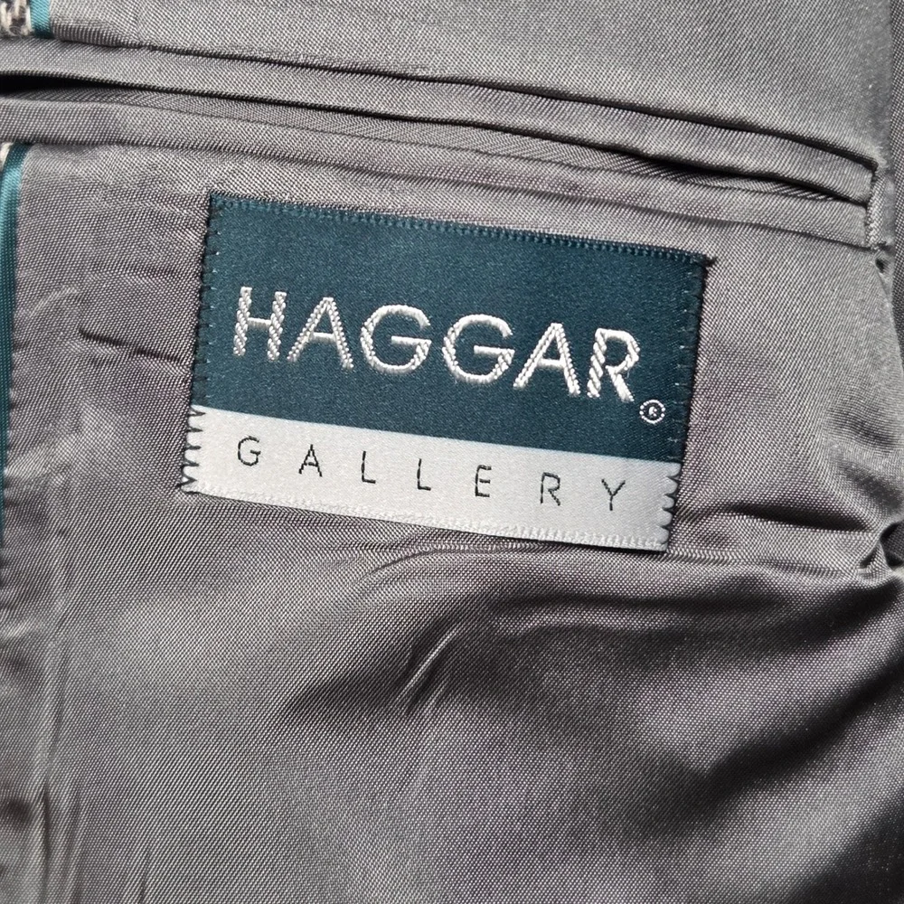 Haggar Gallery Mens Gray Wool Herringbone Blazer Elbow Patches Sport Coat 45R